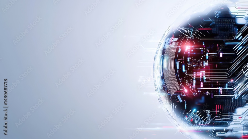 Poster futuristic digital globe with circuit patterns and glowing lights in a high-tech setting.