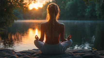 Woman meditating in lotus position by a serene lake at sunset.