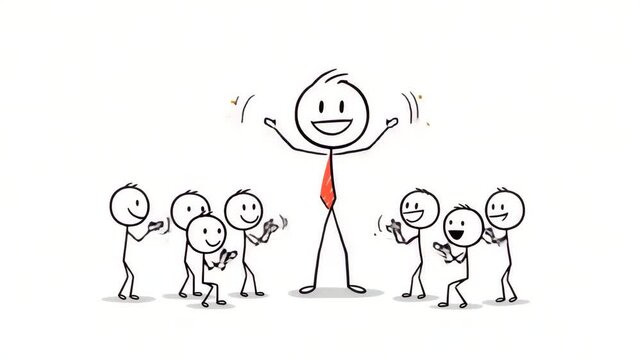 Stick figure boss applauded by employees cartoon illustration