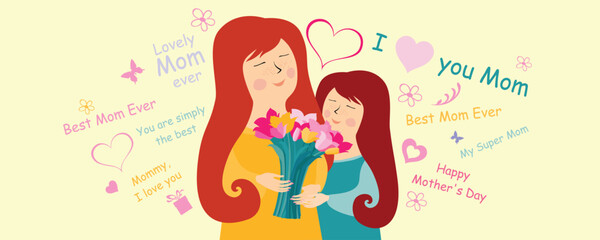 Happy Mother's Day. Lettering design. I love you mum. Beautiful mom face smiling with little daughter and bouquet of tulips. Horizontal card format for web banner or header. Vector illustration