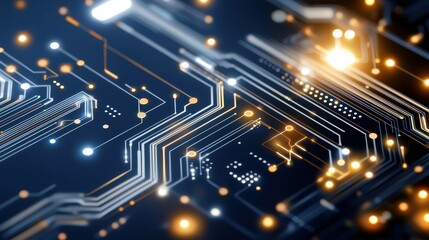 Abstract close-up of a circuit board with glowing connections and intricate lines.