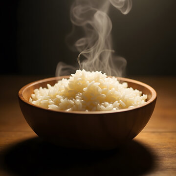 Cooked steam rice with smoke in nice wooden bowl put on a dark background black brown