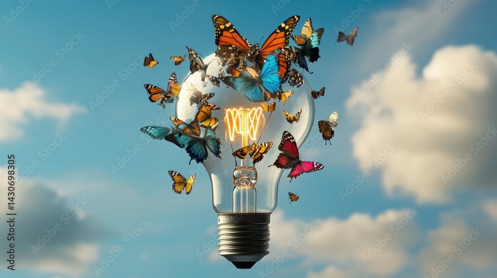 Aufkleber a surreal image of a lightbulb with butterflies replacing the filament, fluttering away