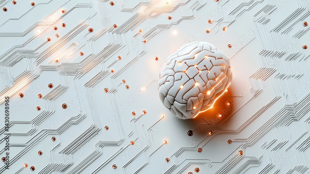 Poster abstract representation of a brain with circuit patterns, symbolizing artificial intelligence.