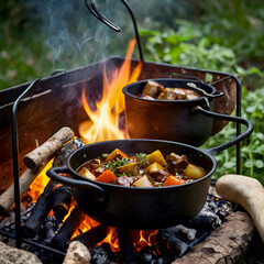 Outdoor fire-cooked stew in a cast iron pot hanging over an open flame with fresh herbs and smoky atmosphere