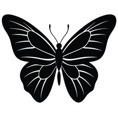 Black Silhouette Of An Elegant Butterfly With Detailed Wing Pattern On White Background.
