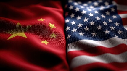 Flags of China and the USA are displayed against a tumultuous background, symbolizing the ongoing rivalry and complex relationship between the two nations in a chaotic context