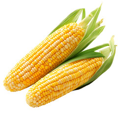 Fresh yellow corn cobs with green husks, isolated on transparent cutout background