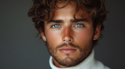 Close-up portrait of a young man with curly hair and intense gaze.
