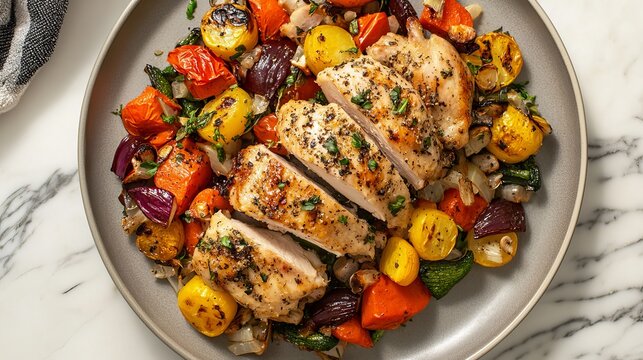 Delicious roasted chicken breast with colorful roasted vegetables red food meal herb diet lunch tasty - Powered by Adobe