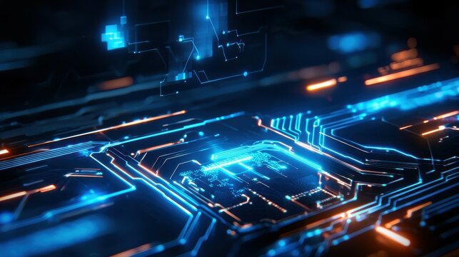 Abstract blue and orange circuit board with glowing lights and intricate designs.