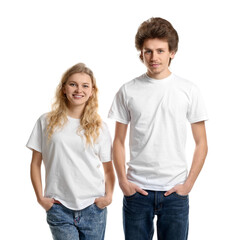 Young woman and man wearing blank t-shirts on white background. Mockup for design