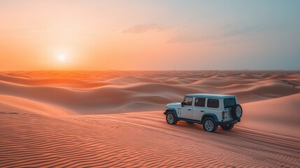 White SUV on Desert Landscape at Sunset