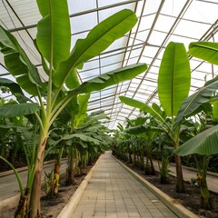 banana cultivation inside a large greenhouse