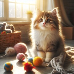Fluffy Cat Sitting on a Rug Surrounded by Toys at Home &ndash; Cozy Pet Scene