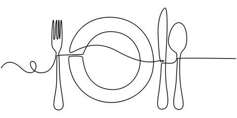 One continuous line plate, khife and fork. Vector illustration, Continuous line art or One Line Drawing of plate, khife and fork. linear style and Hand drawn Vector illustrations, Line Drawing Plate.