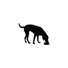 Dog silhouette eating from a bowl on white background