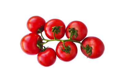 Branch of juicy ripe red tomatoes with green stem isolated on transparent background. Vegetable, healthy eating concept