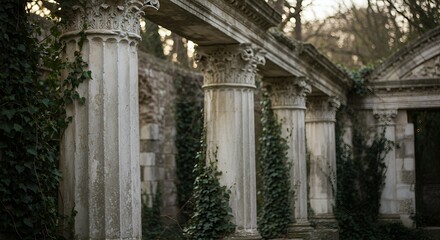 Obraz premium Ancient Stone Columns and Ivy in a Tranquil Outdoor Setting