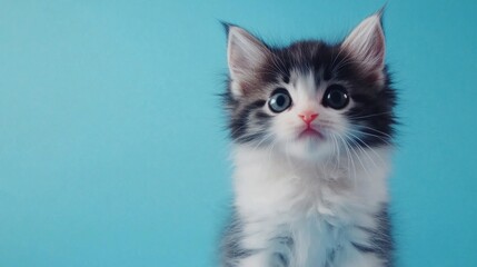 Adorable kitten portrait against a vibrant blue background.  A fluffy, curious little kitty with big eyes