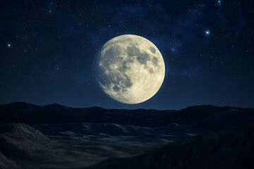 Fototapeta premium Vast, luminous moon illuminates a dark, star-studded night sky.