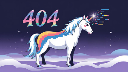 A unicorn with a sparkling horn stands before a 404 message in a whimsical starry cloudscape scene.