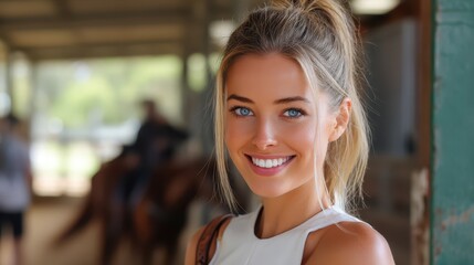 Bright sunlight fills a rustic horse stable where a glowing Australian woman stands, showcasing her radiant smile and captivating blue eyes amidst the lively atmosphere