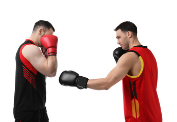 Men in boxing gloves fighting on white background