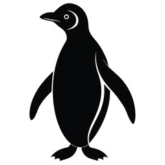 Elegant Silhouette Of A Single Penguin Standing Isolated On White Background.