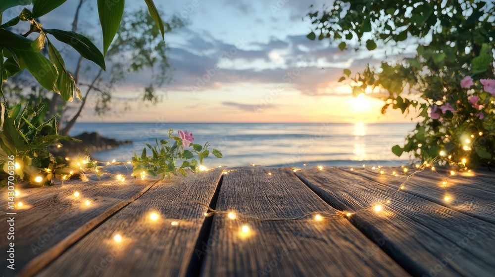 Poster bamboo terrace overlooking a still ocean, with ambient bokeh lights creating a calm beach vibe