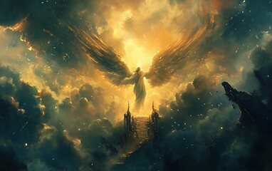 Fototapeta premium Heavenly figure with outstretched wings bathed in golden light, standing on a celestial staircase