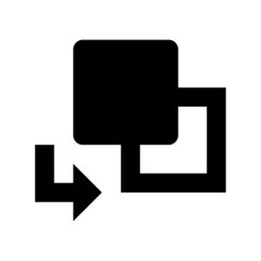 Naklejka premium Merging Icon: A sleek, monochrome icon that embodies the concept of merging elements, with a solid square intersecting a hollow square, accompanied by a directional arrow signifying integration.