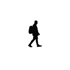 Obraz premium Man walking with urban backpack silhouette on white background