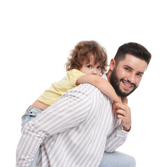 Happy father and his son on white background