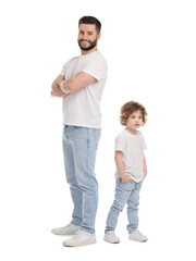 Happy father and his son on white background