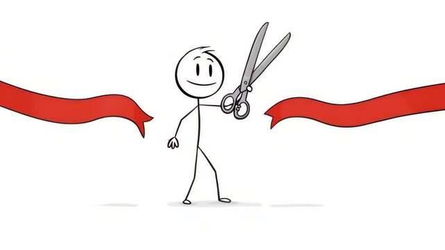 Cartoon ribbon cutting illustration for grand opening