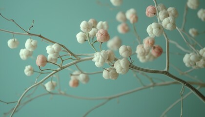 Fototapeta premium Delicate Dried Plant Twigs White Pink Buds Abstract Teal Background