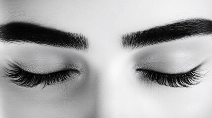 Fototapeta premium Close-up grayscale image of meticulously enhanced eyelashes and eyebrows