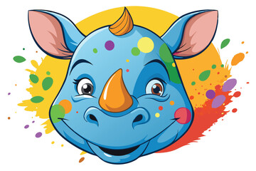Colorful artistic rhinoceros face   colorful paint splatters on white background.
