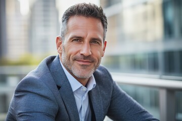Fototapeta premium A man in a blue shirt and tie smiles while leaning by a window