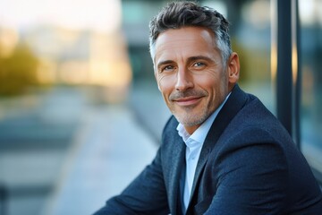 Naklejka premium A man in a blue shirt and tie smiles while leaning by a window