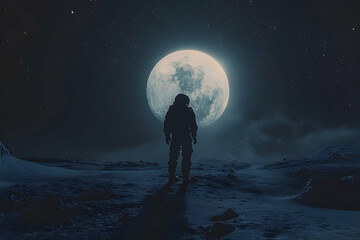 Silhouetted astronaut gazing at a luminous moon on a frosty alien landscape.