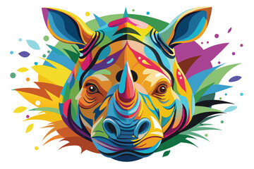 Colorful artistic rhinoceros face   colorful paint splatters on white background.