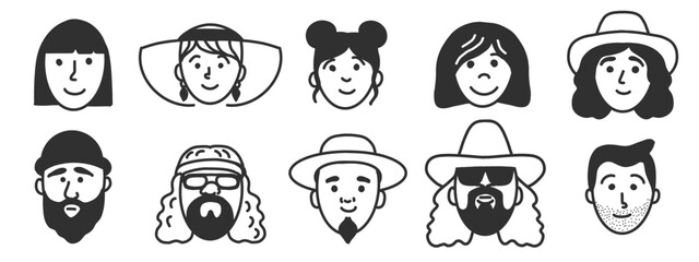 Various Faces icon. Male and female Avatars with diverse accessories. Hand drawn sketch design, black and white ink style. portrait images for user profile for social networks, forums and dating sites
