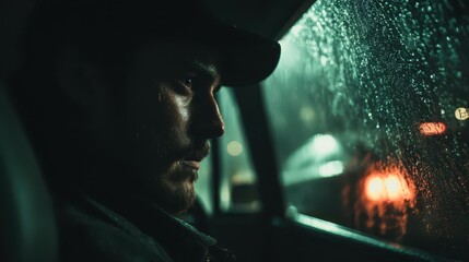 A getaway driver sits in a running car under the rain at night, glancing out the window amidst the dim city lights. Tension fills the atmosphere as time passes