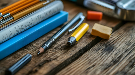 Fototapeta premium Assorted writing instruments and tools on wooden surface