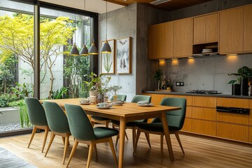 Fototapeta premium Scandinavian-style dining set with solid wood chairs, rectangular table in light natural color, and green fabric seats.