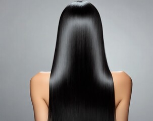 The back view of a woman displaying her very long, flowing black hair