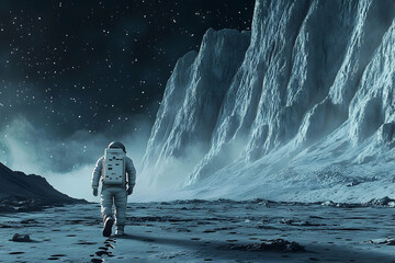 Obraz premium Astronaut strolls across a desolate, icy lunar landscape at night.