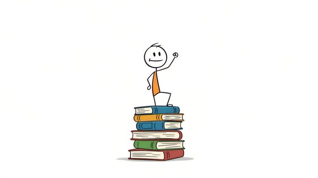 Motivational cartoon figure standing on books stack illustration